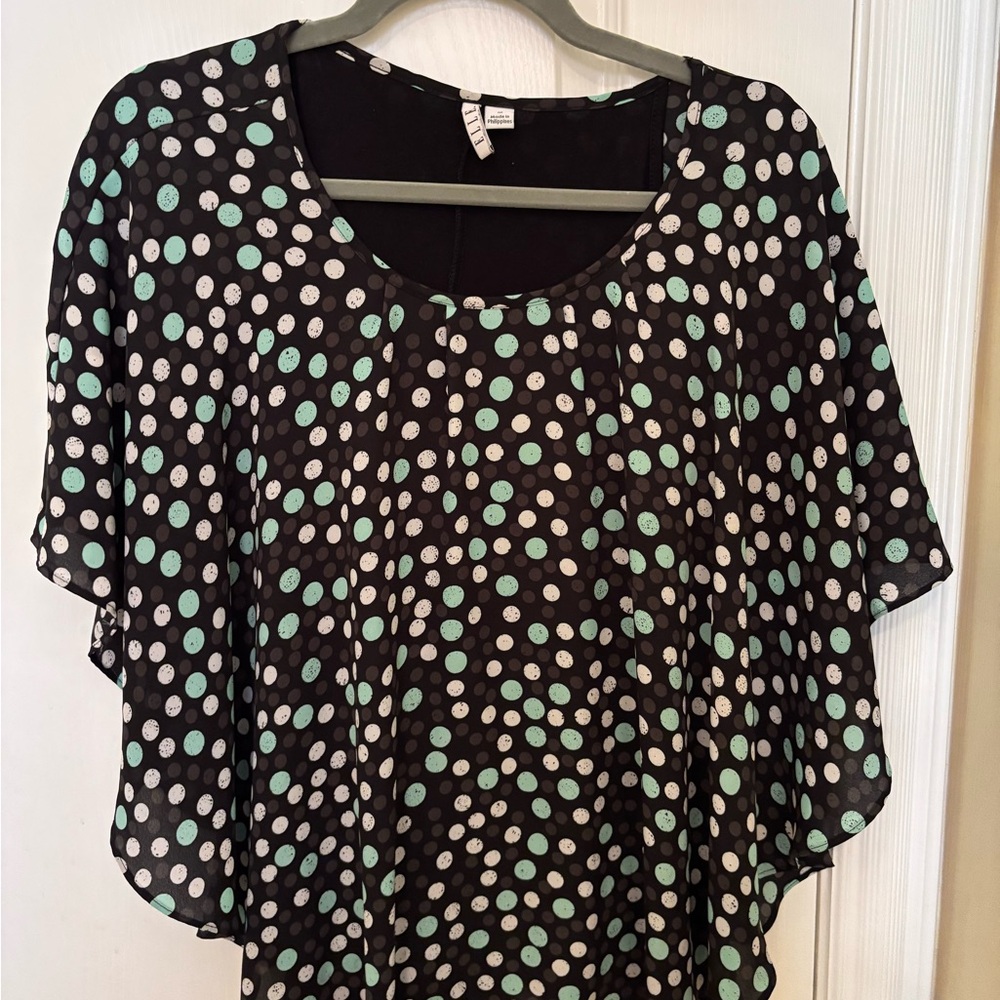 Black White and Green Polka Dot Blouse with connected black tank top, Like New